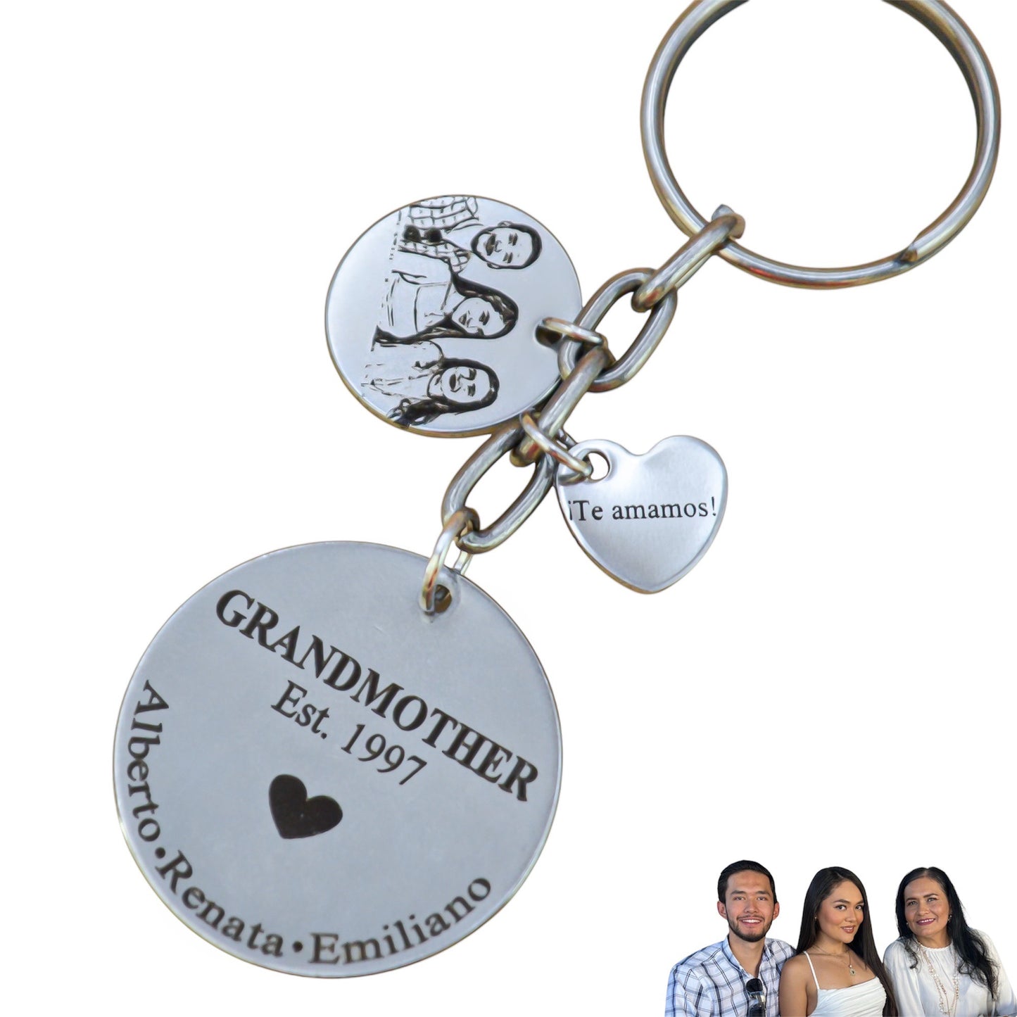 Llavero personalizado para "Abuelita" medalla circular con año y nombres de nietos