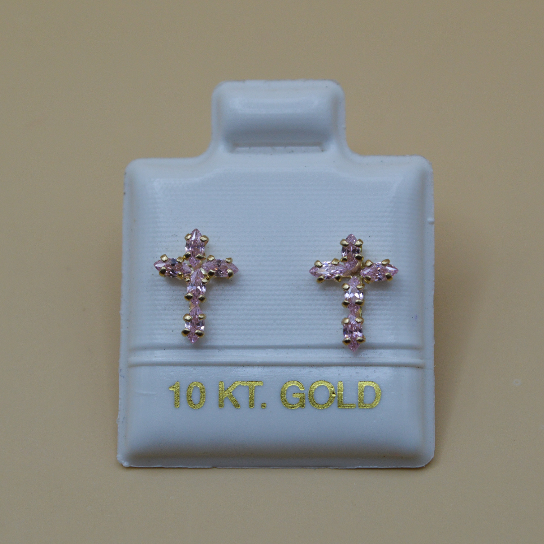 Broquel cruz zirconias pink - Oro 10K