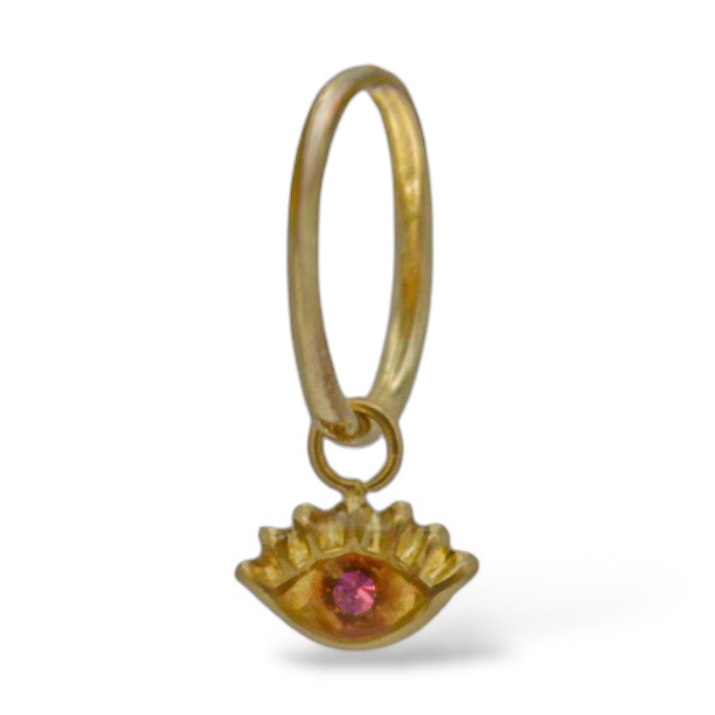 Arracada con dije ojito pestañas con zirconia rosa - Oro 10K