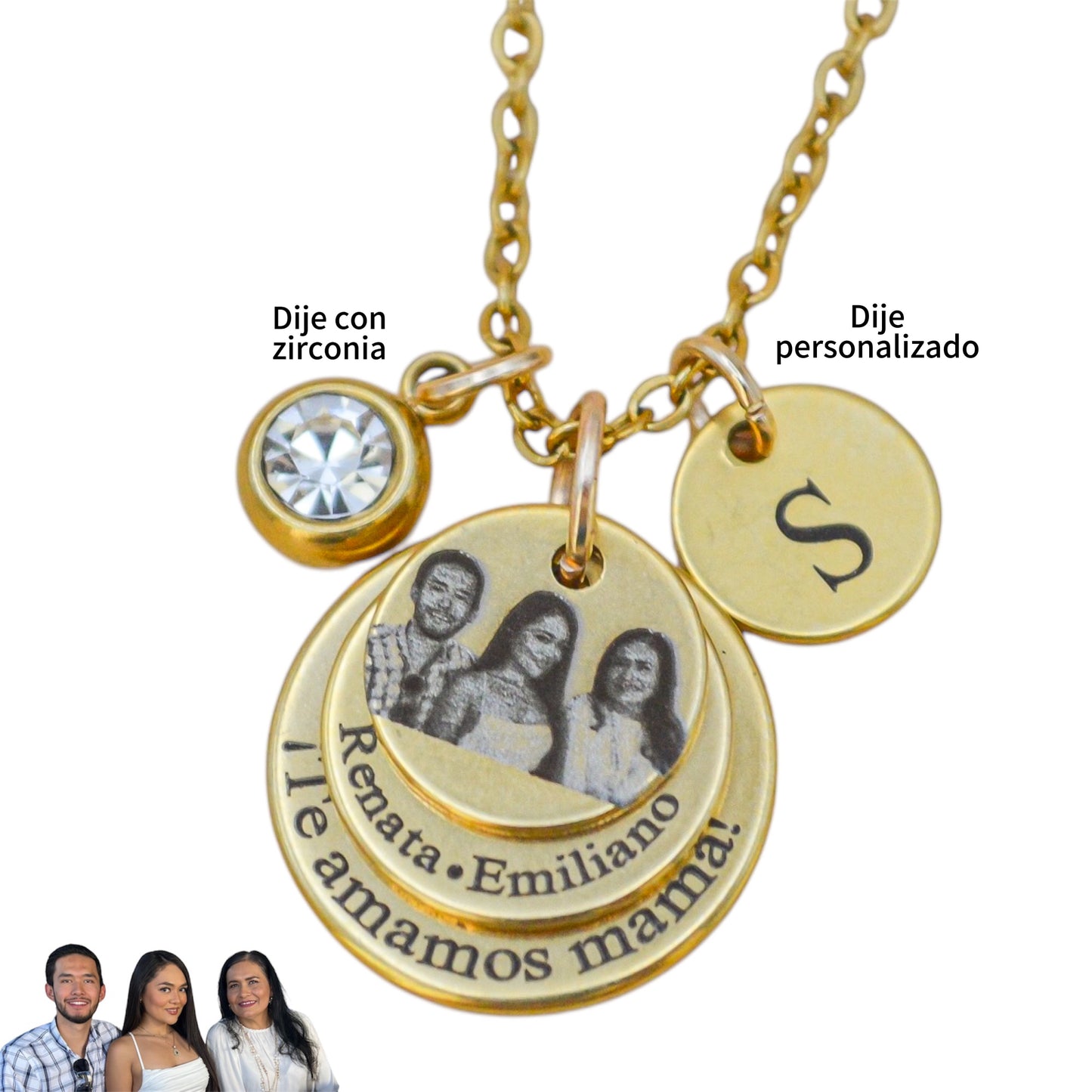 Collar personalizado triple mamá con fotograbado, nombres de hijos y frase
