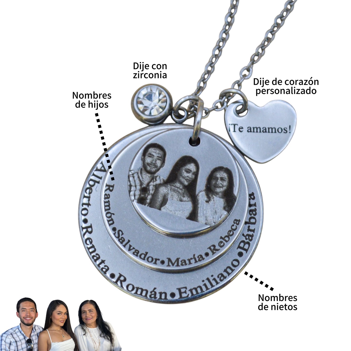 Collar personalizado triple para "Abuelita" con fotograbado y nombres de hijos y nietos