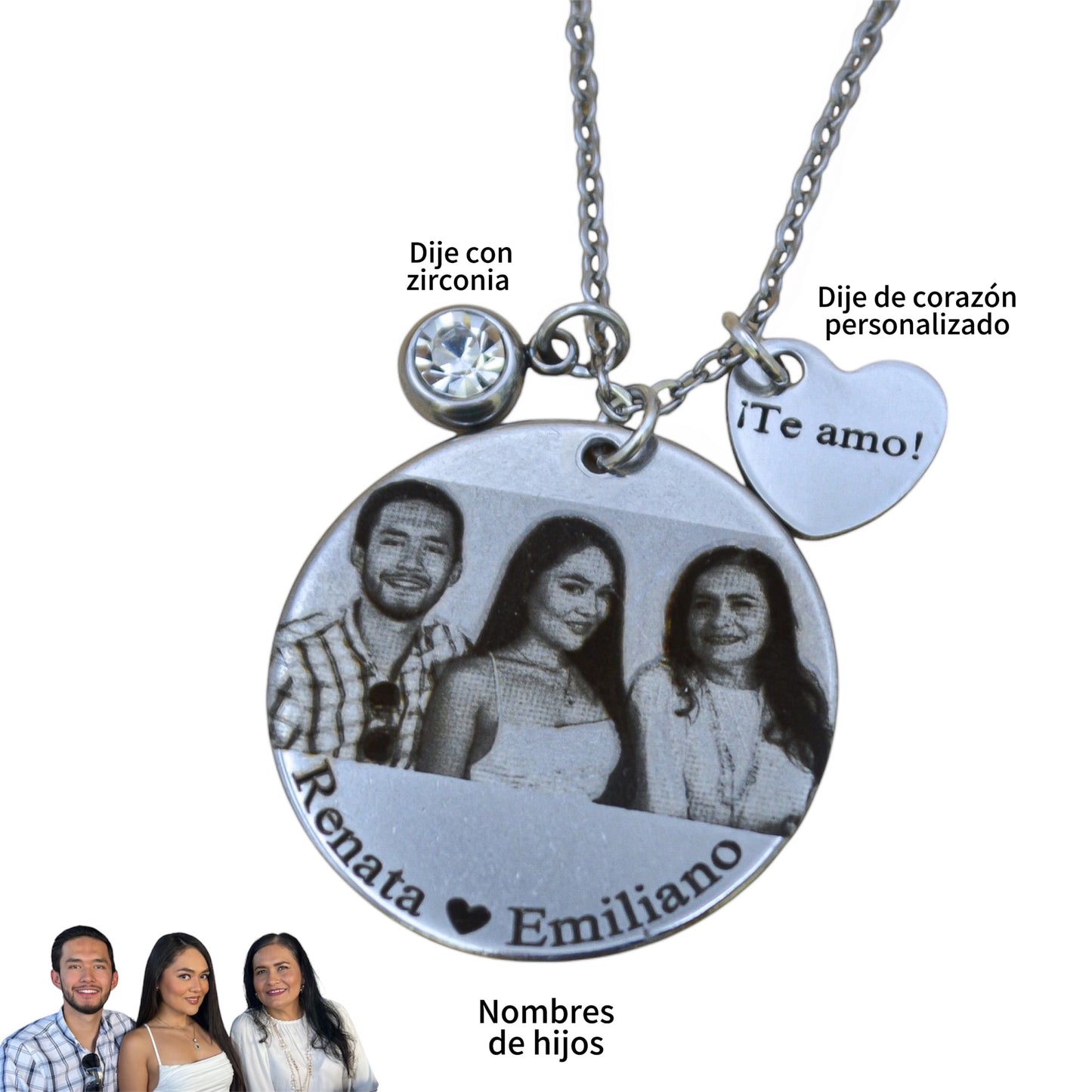 Collar o llavero personalizado mamá medalla circular con fotograbado y nombres de hijos