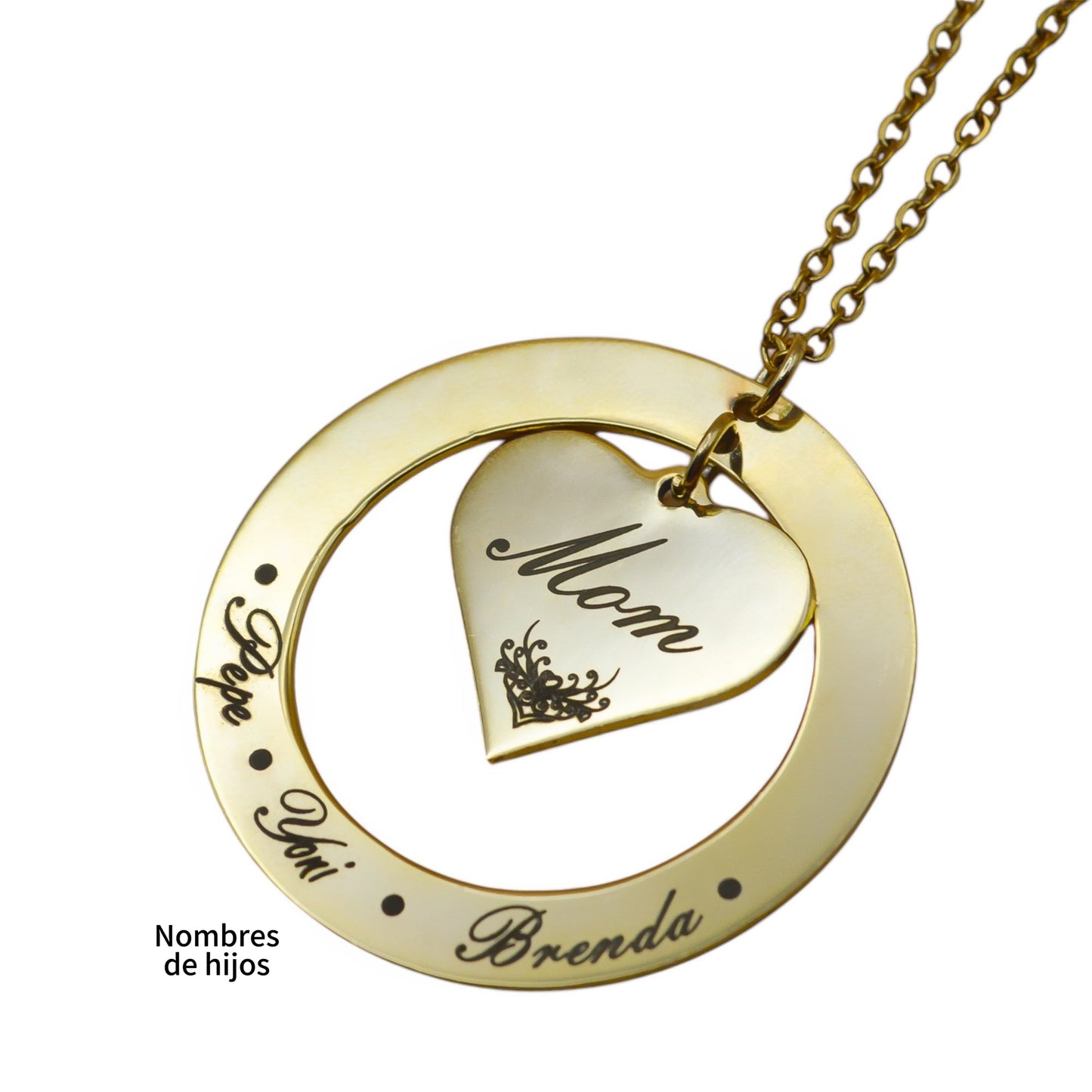Collar o llavero personalizado "Mom" círculo y corazón al centro acero inoxidable