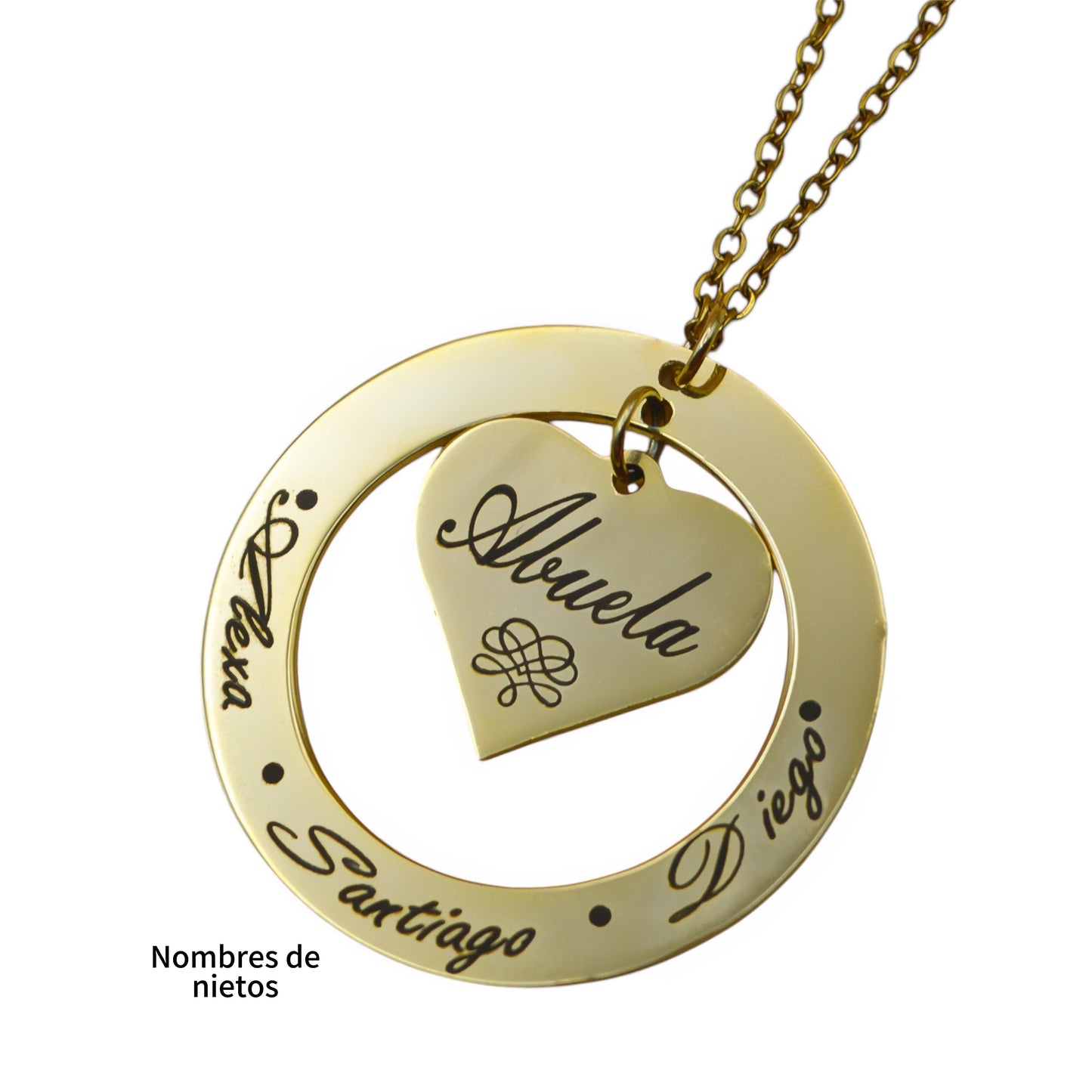 Collar o llavero personalizado para "Abuelita" círculo y corazón al centro acero inoxidable