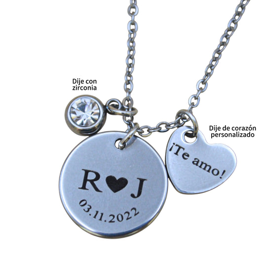 Collar o llavero personalizado medalla circular love con iniciales y fecha