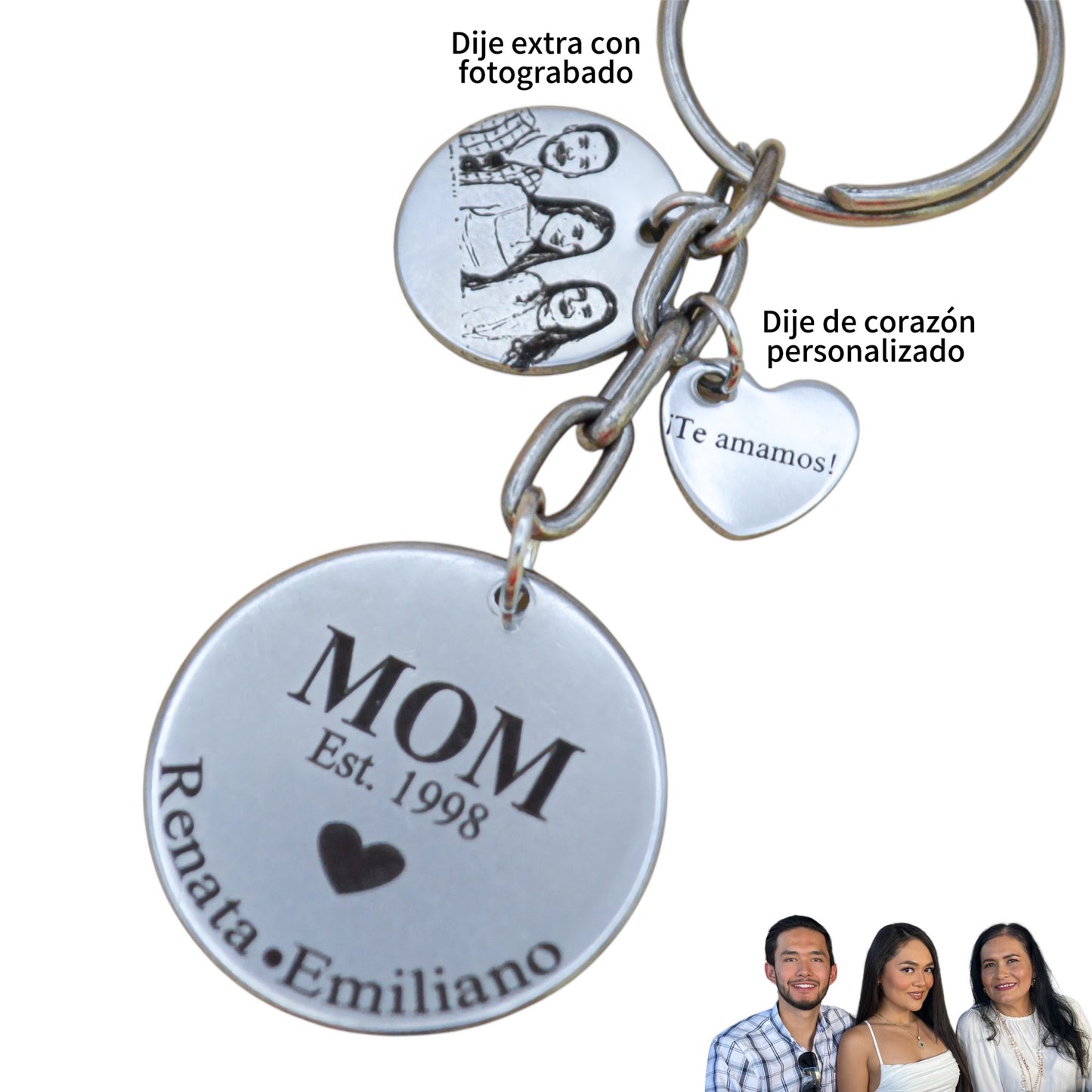 Llavero personalizado para "Mamá" medalla circular con año y nombres de hijos