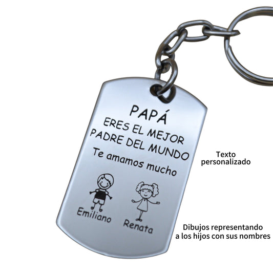 Llavero o collar personalizado para "papá" o "mamá" medalla rectangular con hijos animados