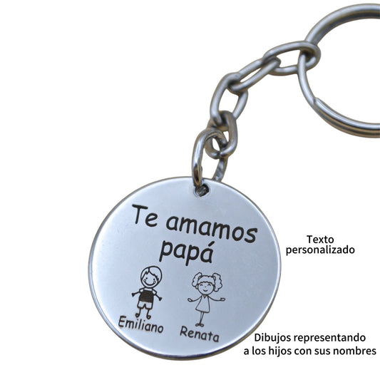 Llavero o collar personalizado para "papá" o "mamá" medalla circular con hijos animados