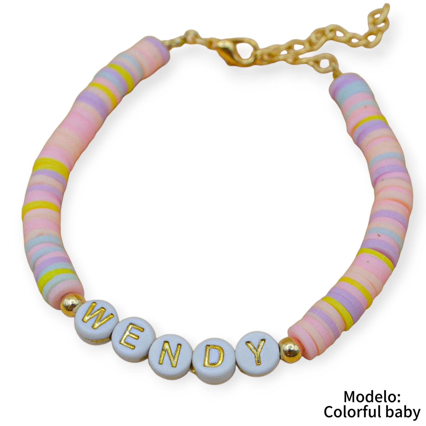 Pulsera personalizada con puccas colorful y letras acrílicas