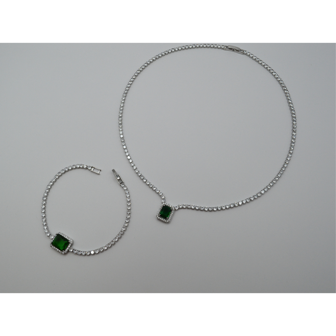 Juego zirconias con zirconia rectangular esmeralda contorno (collar y pulsera)