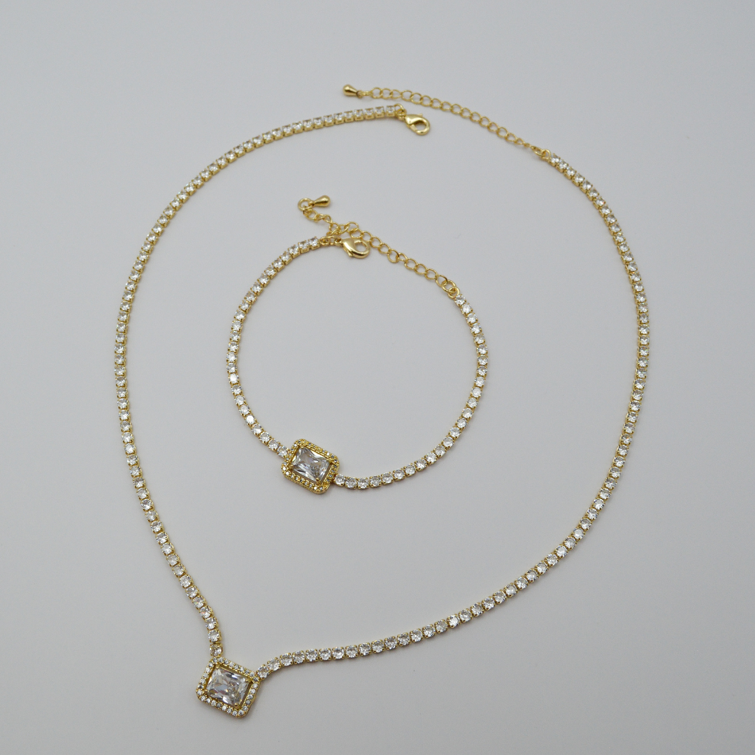 Juego zirconias con zirconia rectangular shiny contorno (collar y pulsera)