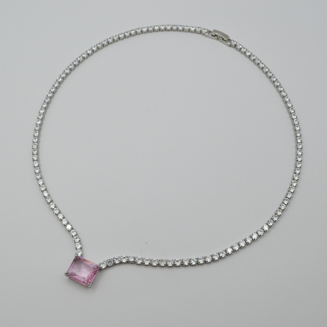 Juego zirconias con zirconia rectangular rosa (collar, pulsera y aretes)