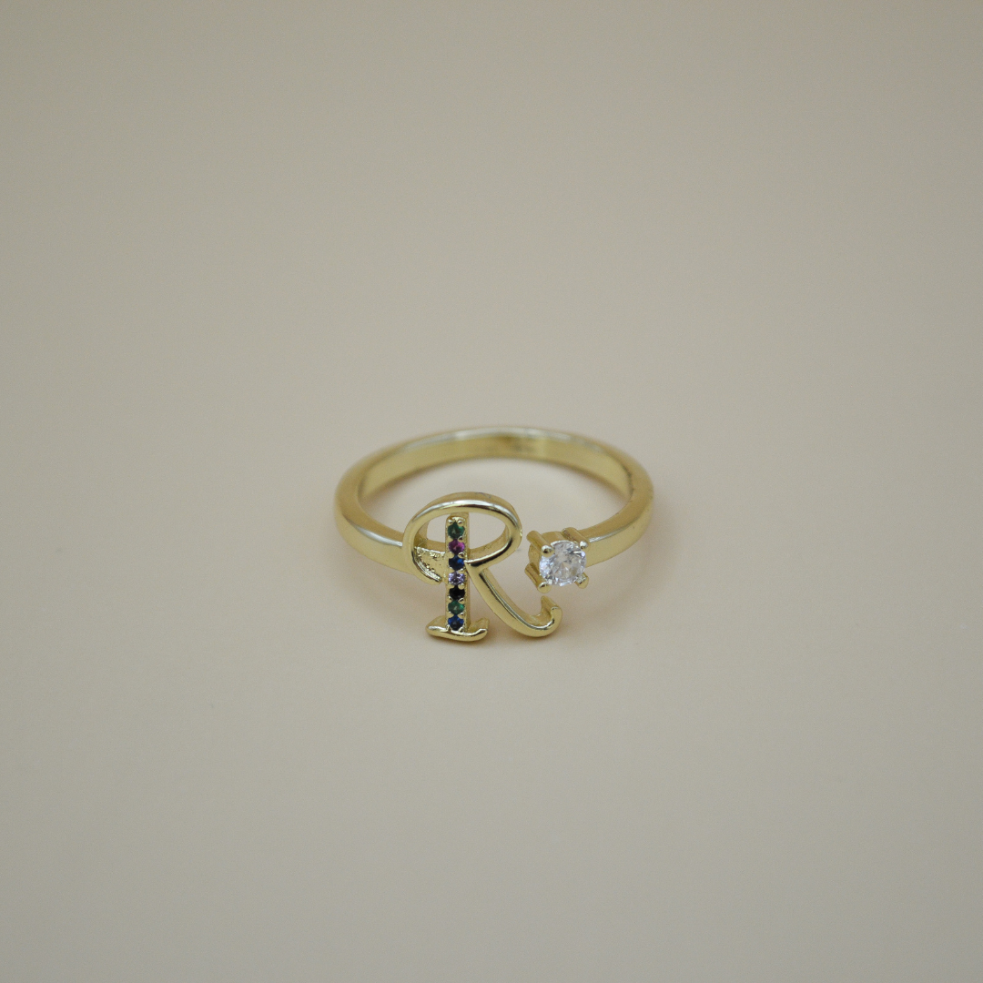 Anillo inicial "R" zirconias colorful