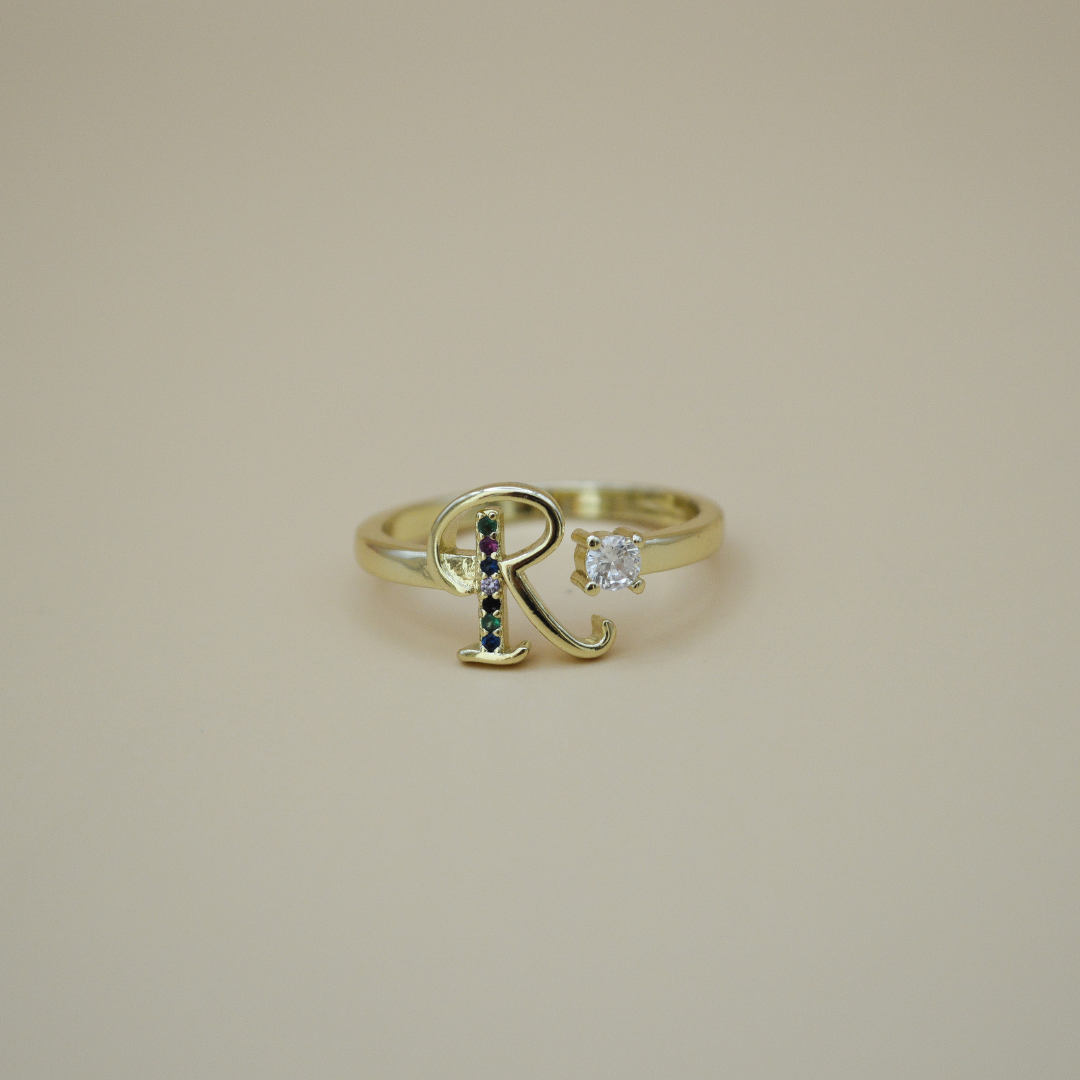 Anillo inicial "R" zirconias colorful