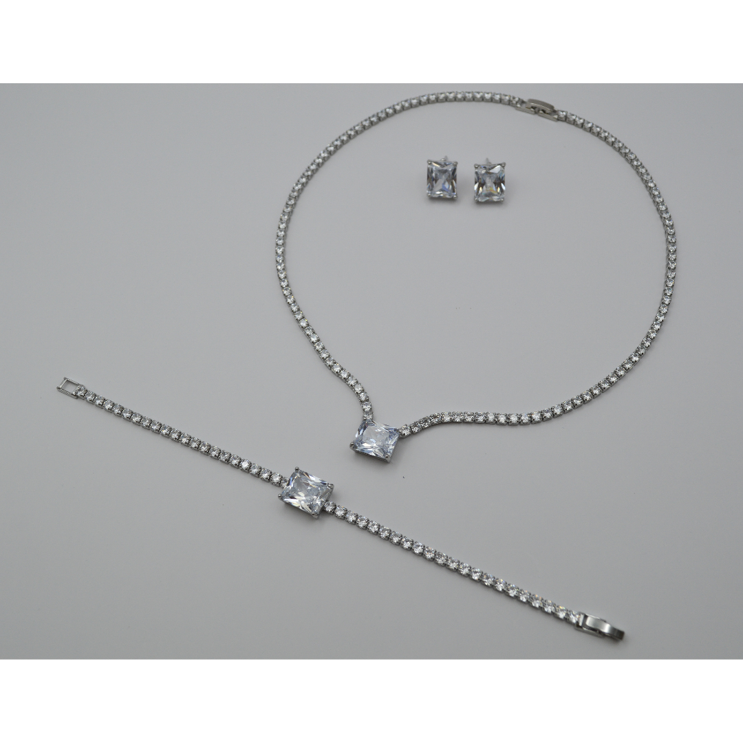 Juego zirconias con zirconia rectangular blanca (collar, pulsera y aretes)