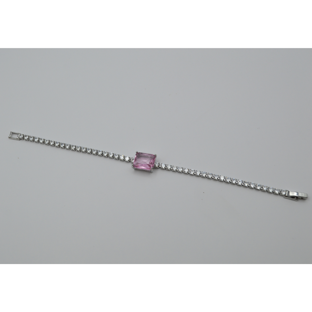 Juego zirconias con zirconia rectangular rosa (collar, pulsera y aretes)