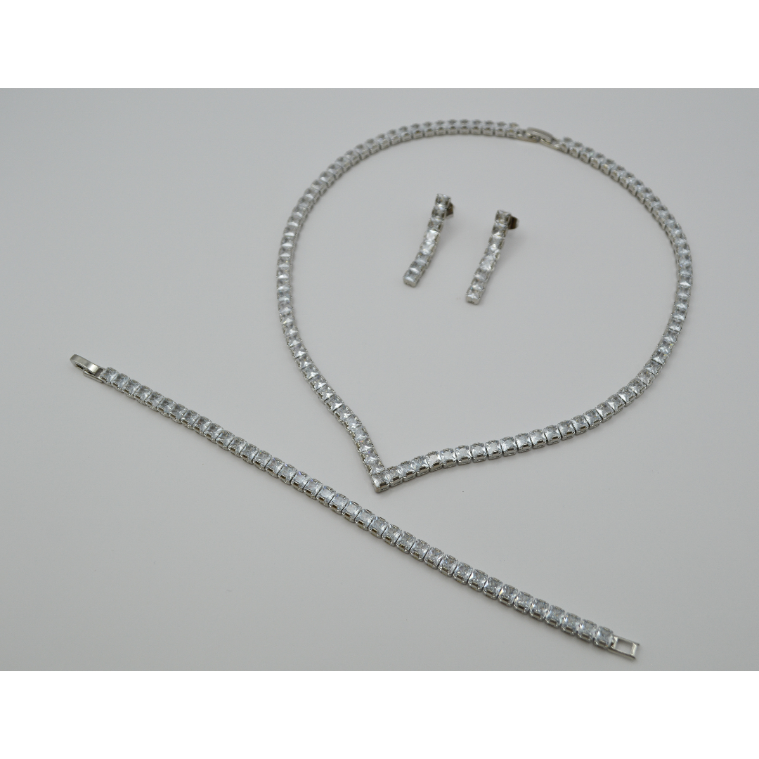 Juego zirconias cuadradas V (collar, pulsera y aretes)