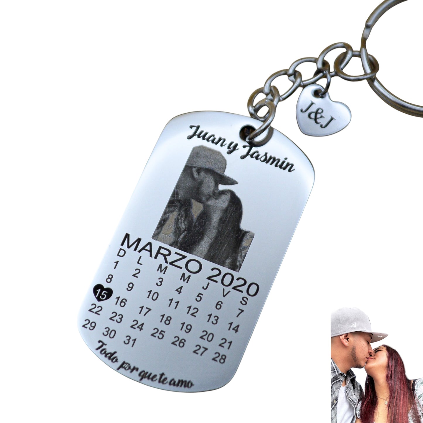 Dúo de llaveros personalizados con fotograbado y calendario - Acero inoxidable