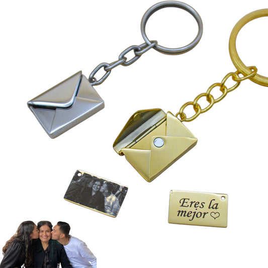 Collar o llavero de sobre con carta personalizada con fotograbado y/o texto
