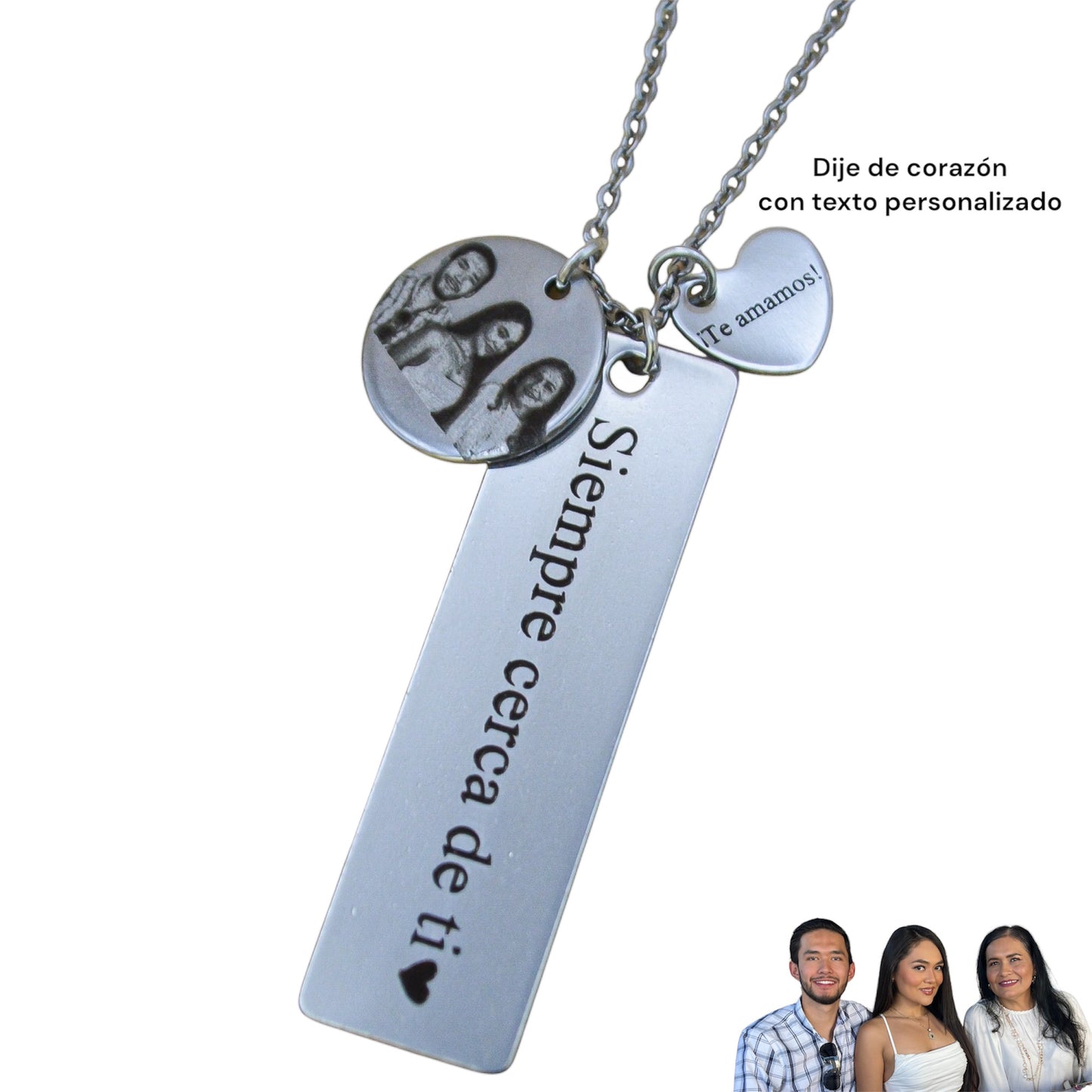 Llavero o collar personalizado medalla rectangular y medalla extra con fotograbado