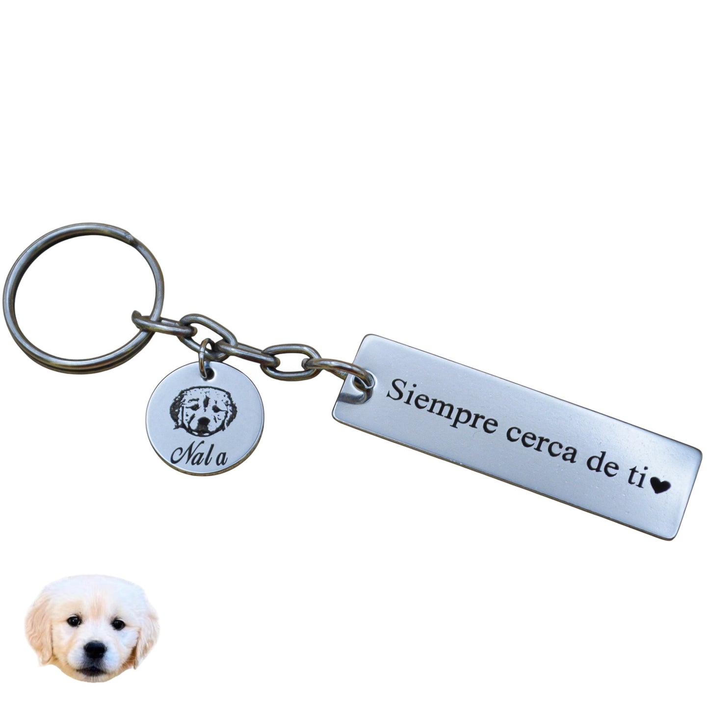 Llavero o collar personalizado medalla rectangular y medalla extra con fotograbado