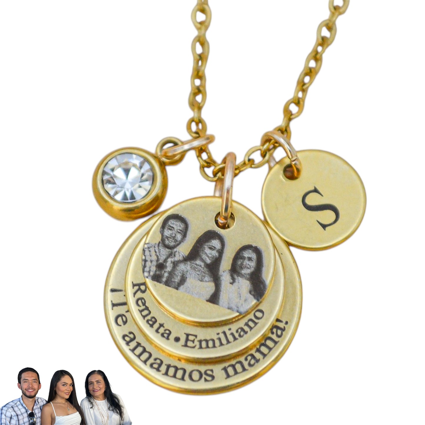 Collar personalizado triple mamá con fotograbado, nombres de hijos y frase