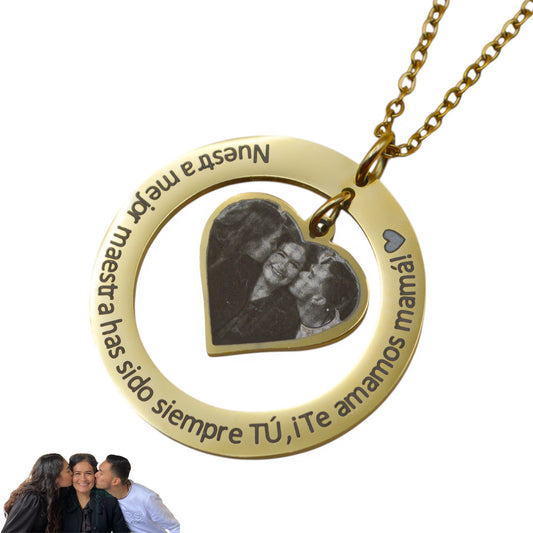 Collar o llavero personalizado círculo y corazón al centro con fotograbado y/o texto acero inoxidable