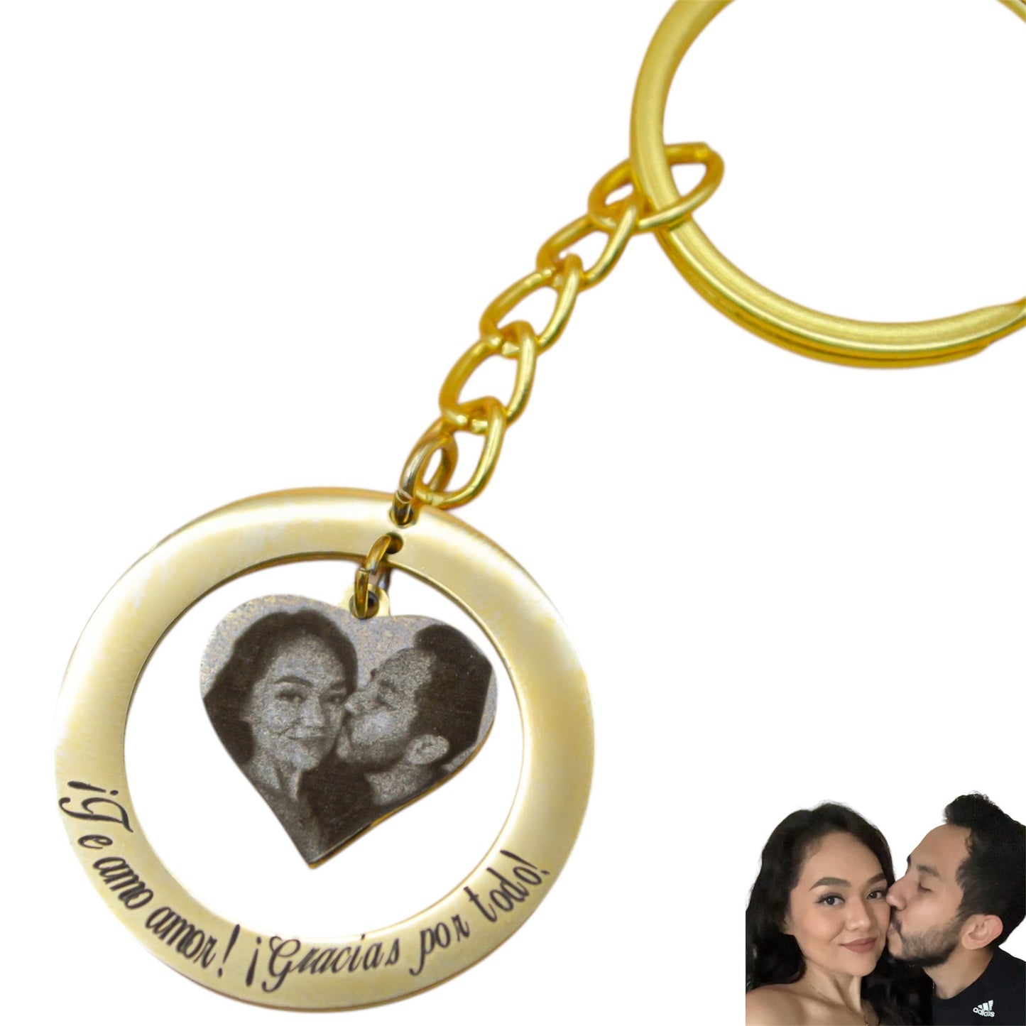 Collar o llavero personalizado círculo y corazón al centro con fotograbado y/o texto acero inoxidable