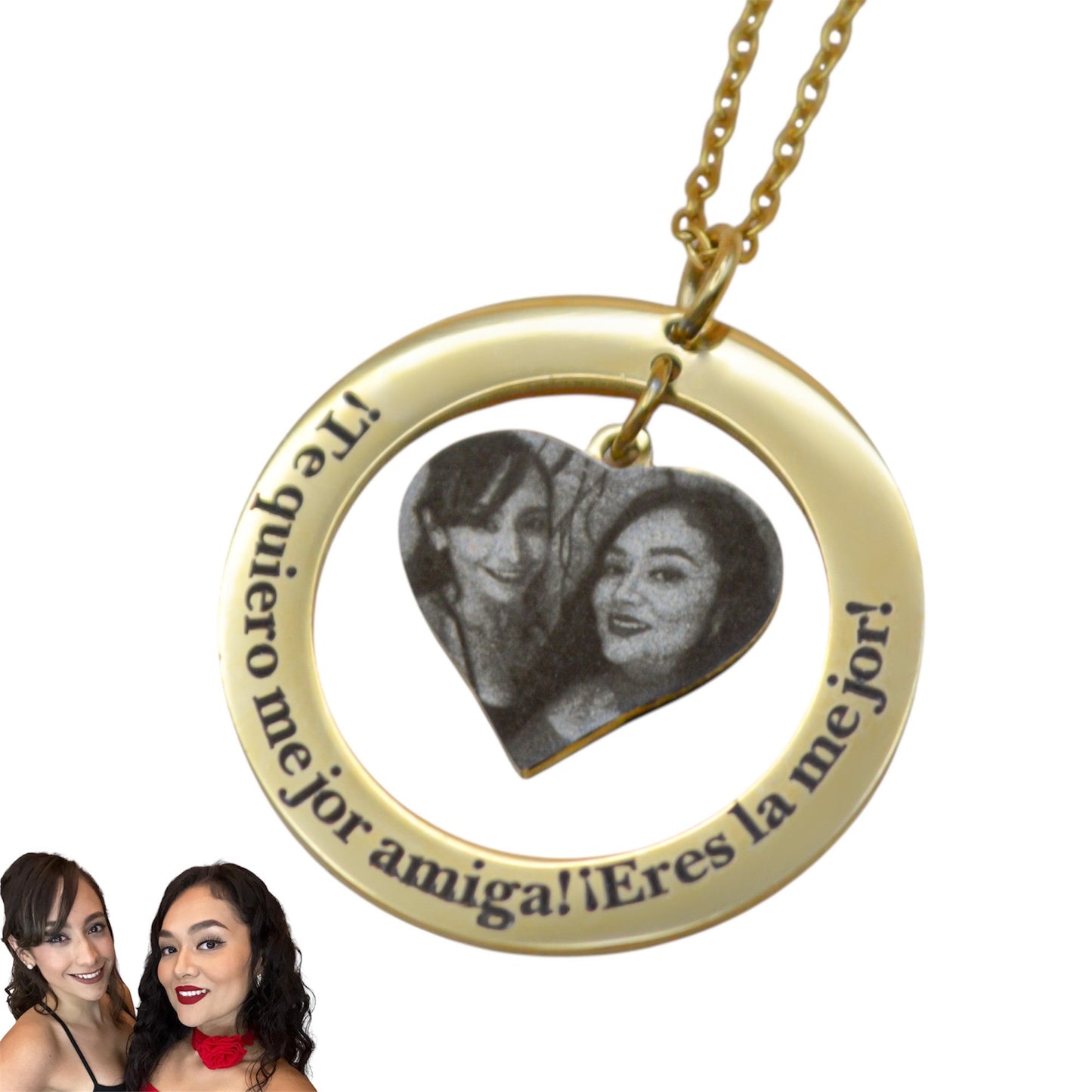 Collar o llavero personalizado círculo y corazón al centro con fotograbado y/o texto acero inoxidable