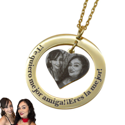Collar o llavero personalizado círculo y corazón al centro con fotograbado y/o texto acero inoxidable
