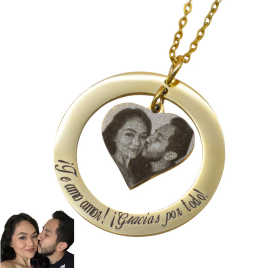 Collar o llavero personalizado círculo y corazón al centro con fotograbado y/o texto acero inoxidable
