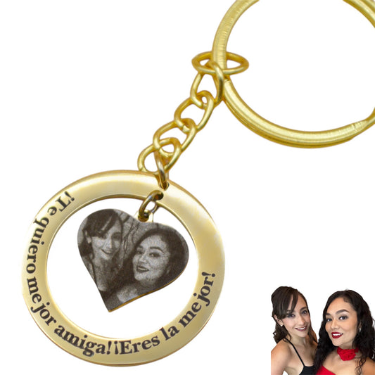 Collar o llavero personalizado círculo y corazón al centro con fotograbado y/o texto acero inoxidable