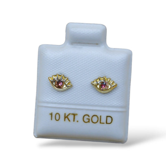 Broquel ojito pestañas con zirconia rosa - Oro 10K