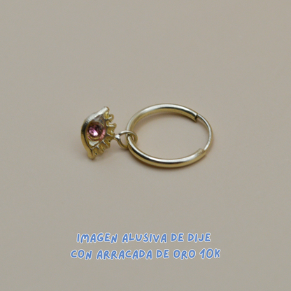 Dijes ojito pestañas con zirconia rosa - Oro 10K