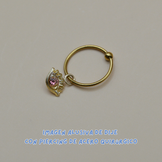 Dijes ojito pestañas con zirconia rosa - Oro 10K