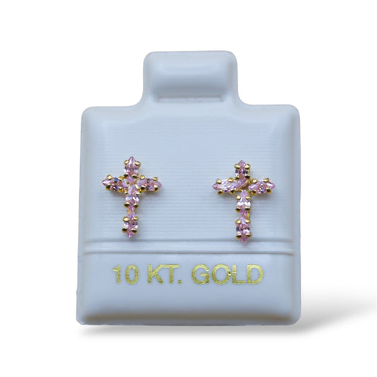 Broquel cruz zirconias pink - Oro 10K