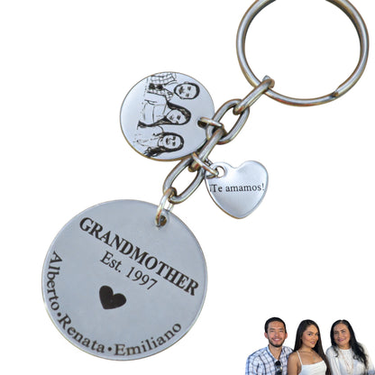 Llavero personalizado para "Abuelita" medalla circular con año y nombres de nietos
