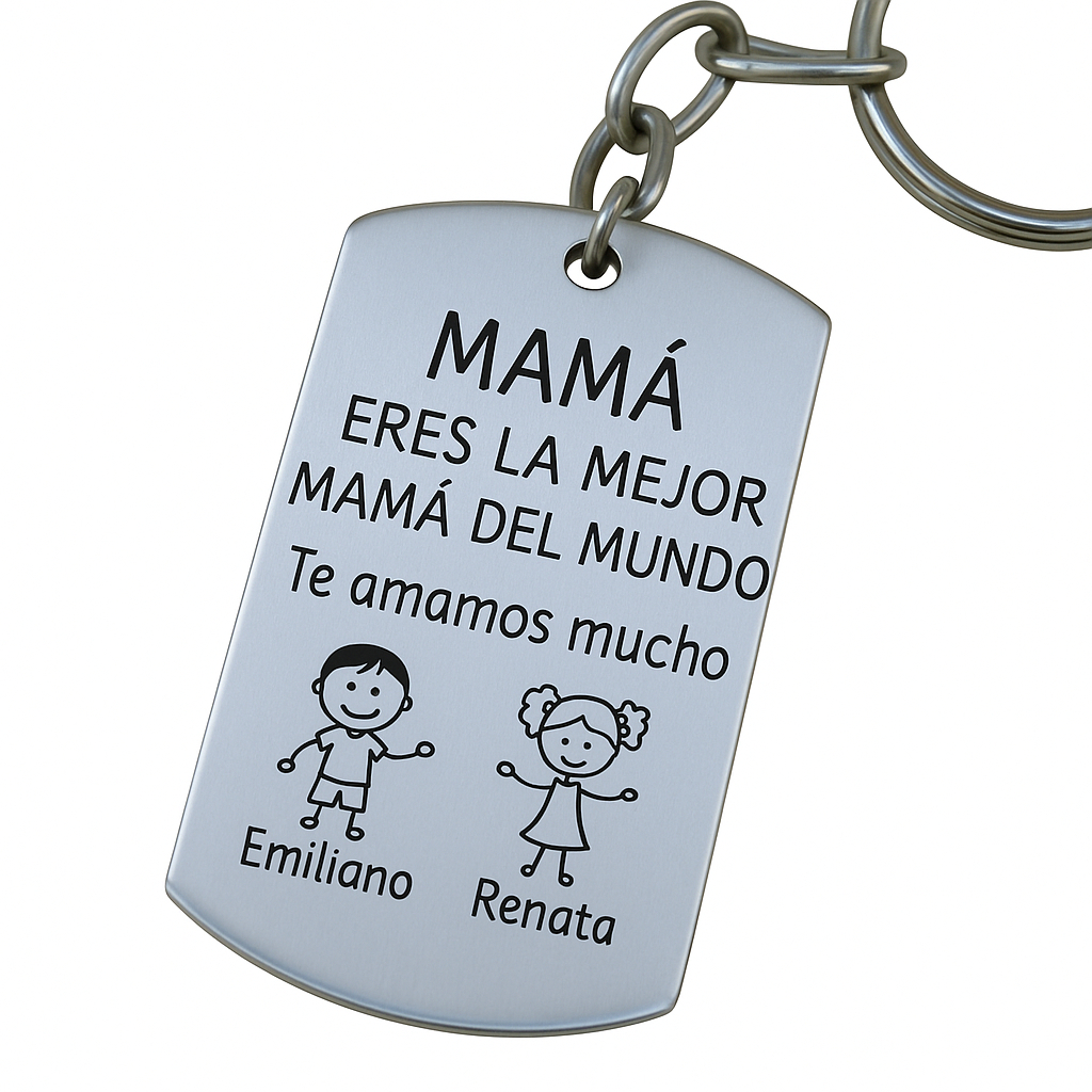 Llavero o collar personalizado para "papá" o "mamá" medalla rectangular con hijos animados