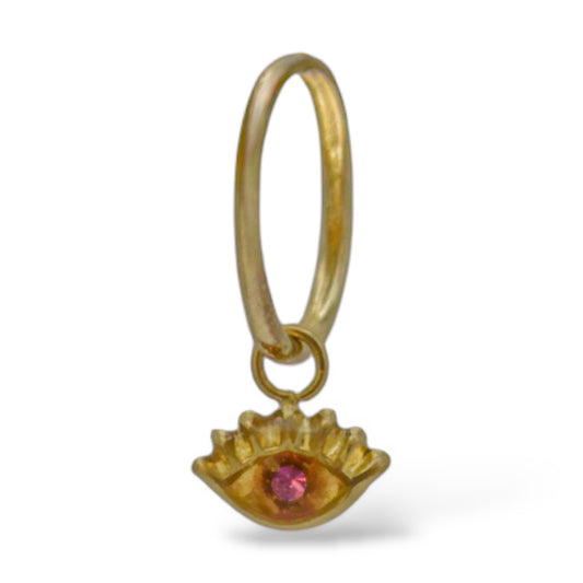 Arracada con dije ojito pestañas con zirconia rosa - Oro 10K