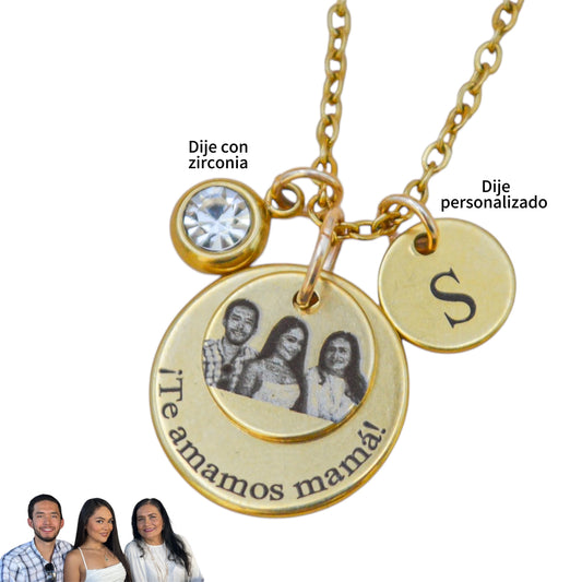 Collar personalizado doble mamá con fotograbado y frase