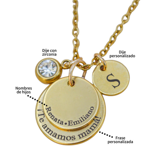 Collar personalizado doble mamá con nombres de hijos y frase