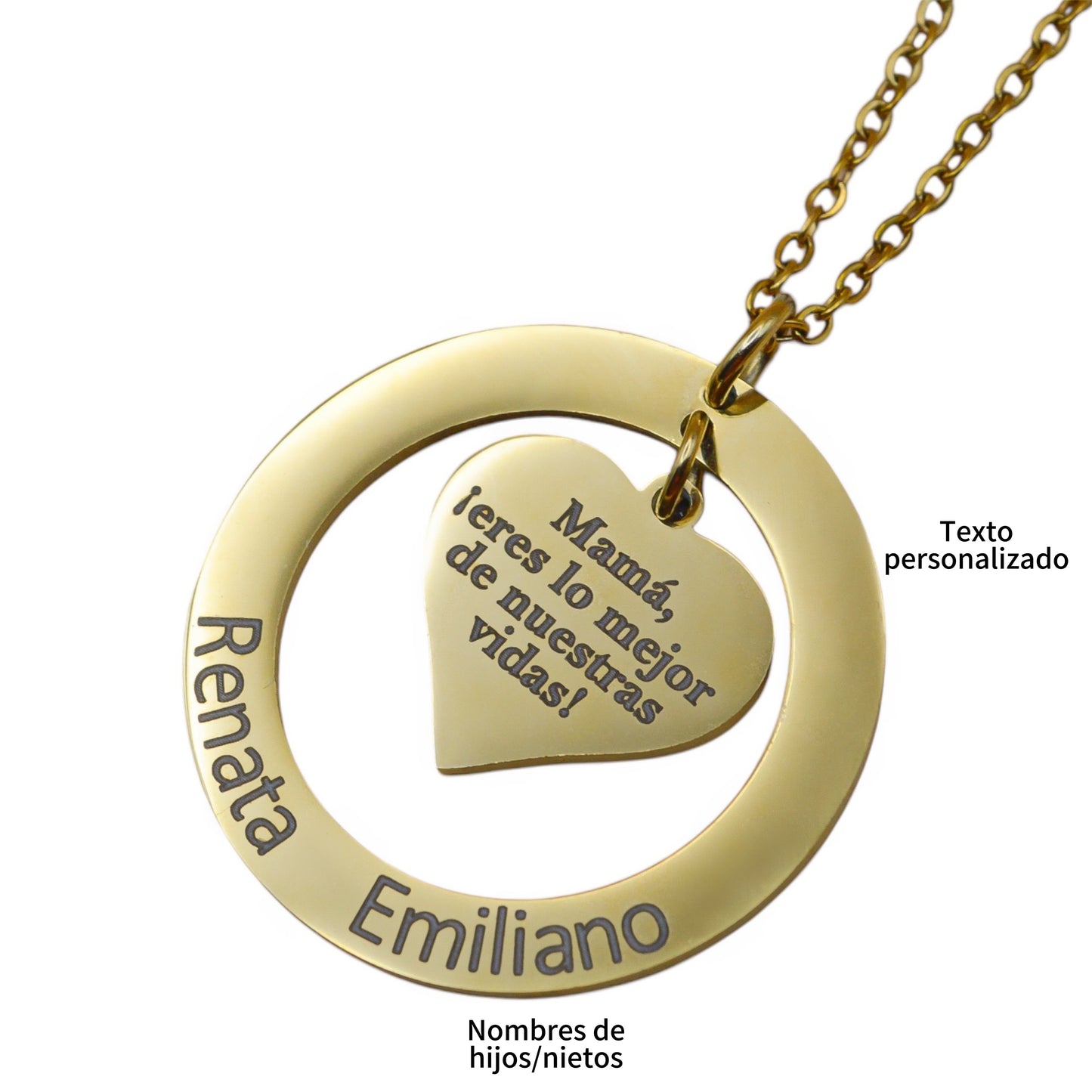 Collar o llavero personalizado círculo y corazón al centro con fotograbado y/o texto acero inoxidable