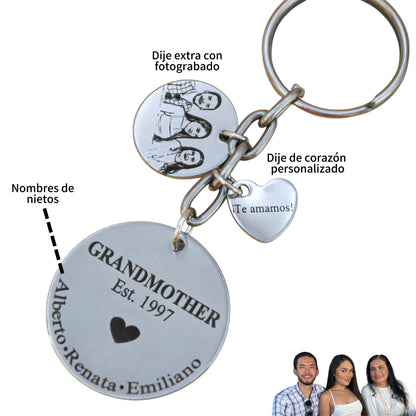 Llavero personalizado para "Abuelita" medalla circular con año y nombres de nietos