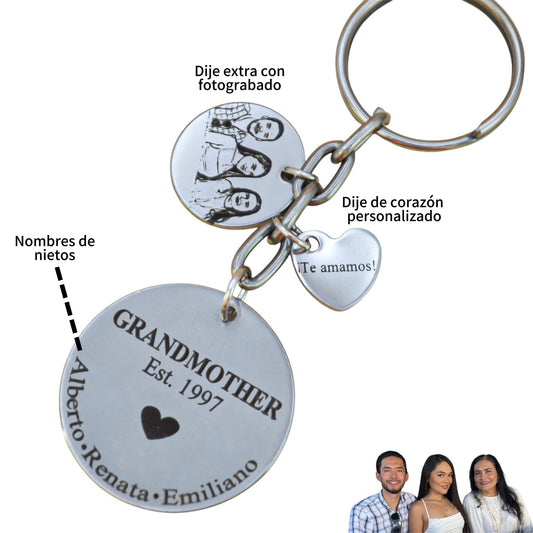 Llavero personalizado para "Abuelita" medalla circular con año y nombres de nietos