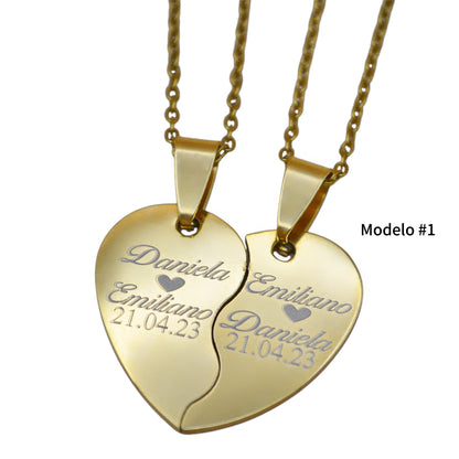 Dúo de collares o llaveros corazón partido personalizados