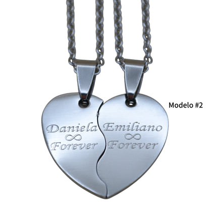 Dúo de collares o llaveros corazón partido personalizados
