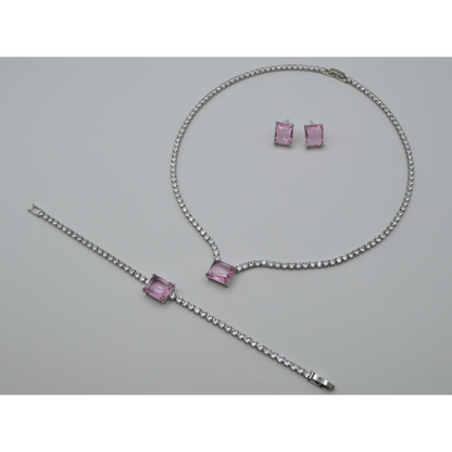 Juego zirconias con zirconia rectangular rosa (collar, pulsera y aretes)