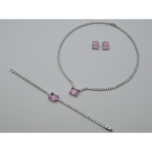 Juego zirconias con zirconia rectangular rosa (collar, pulsera y aretes)