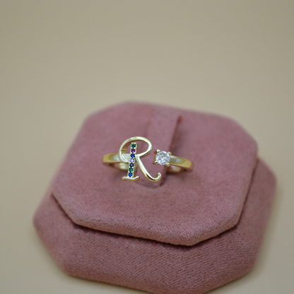 Anillo inicial "R" zirconias colorful