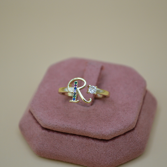 Anillo inicial "R" zirconias colorful